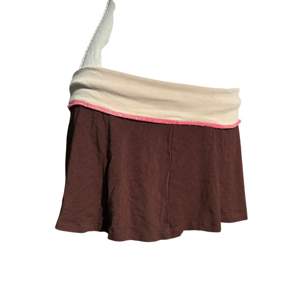 VTG Y2K Brown Beige Fold Over Stretch Low Rise Micro Mini Skirt S